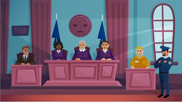 Court of law justice vector illustration, cartoon flat courtroom interior with judge, lawyer prosecutor and criminal characters background