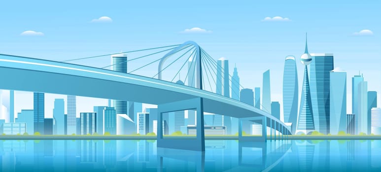 City bridge over water bay vector illustration, cartoon flat modern new bridge to downtown futuristic metropolis, blue downtown cityscape background