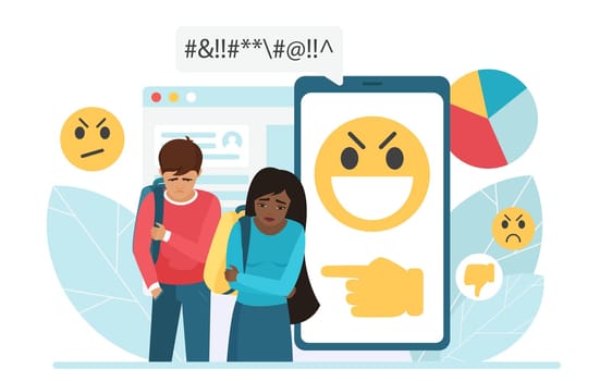 Cyber bullying people vector illustration, cartoon flat sad bullied teen boy and girl surrounded by message bubbles, online dislike and hate messages