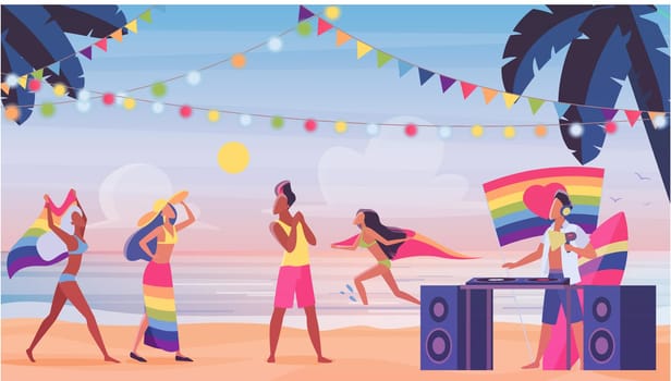 People in LGBT pride beach party vector illustration, cartoon flat LGBT diversity community with rainbow flag have fun on beach holiday event background