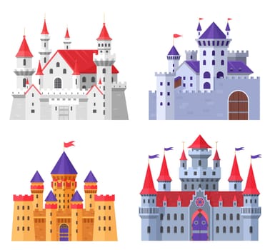 Medieval fort castle vector illustration set, cartoon flat old fantasy kingdom collection of royal fairytale fortress for king and queen isolated on white