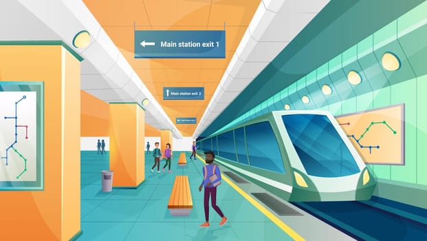 People in metro subway station vector illustration, cartoon passenger character walking on modern underground transport platform background