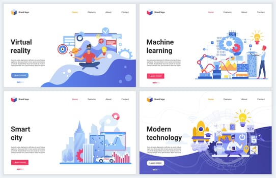Artificial intelligence modern technology vector illustrations, banners with flat cartoon innovation in education, ai tech futuristic services for smart city