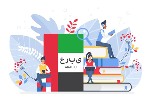 Online Arabic language courses flat vector illustration. Distance education, remote school, Arabian university. Students reading books Internet class, e learning language school isolated.