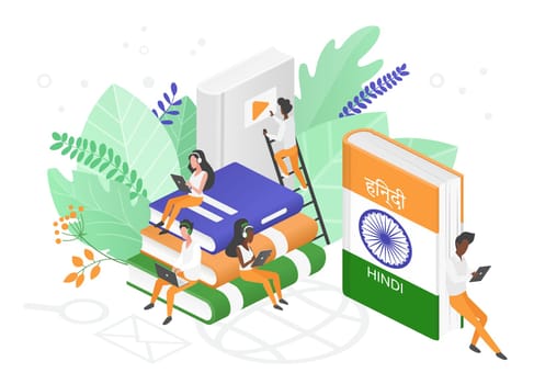 Online Hindi language courses isometric 3d illustration. Distance education, remote school, Indian university. Language Internet class, students reading books. Teaching foreign languages isolated.