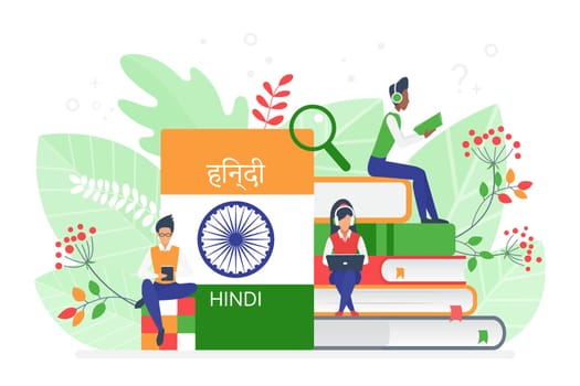 Online Hindi language courses flat illustration. Distance education, remote school, Indian university. Language Internet class, e learning, Students reading books. Teaching foreign languages isolated