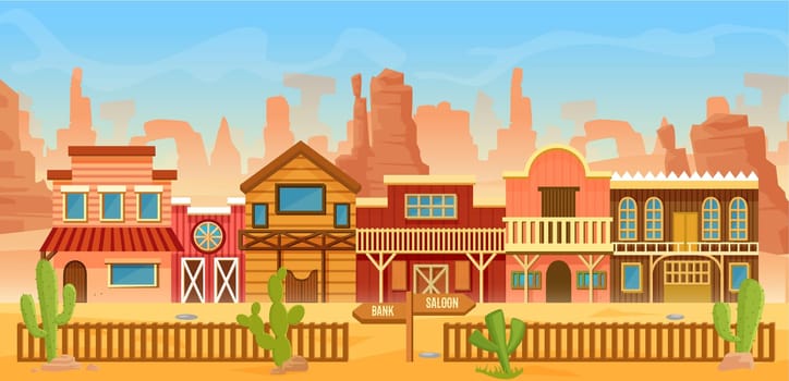 Western American town in desert landscape, cartoon scenery with old houses, home, bar saloon or bank