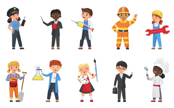 Kids in different professions and poses set, cartoon flat happy child characters wearing uniform
