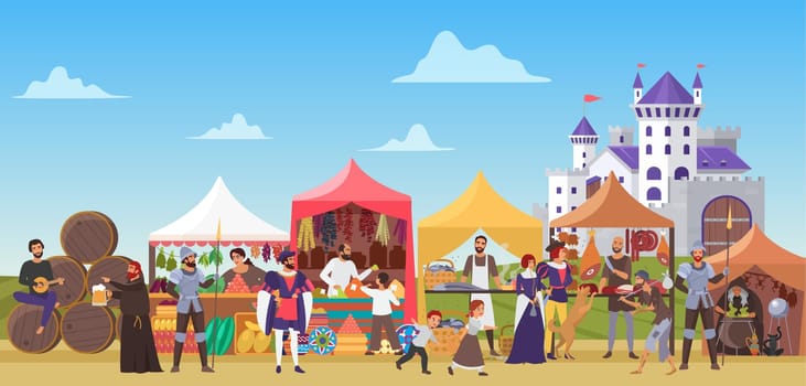 Medieval fair vector illustration, cartoon flat middle ages or fairy tale fair market with lady and sir characters, jester dancing, priest drinking beer background