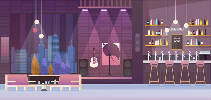 Restaurant interior vector illustration, cartoon flat empty modern restaurant or night club cafe with stage for live music performance background