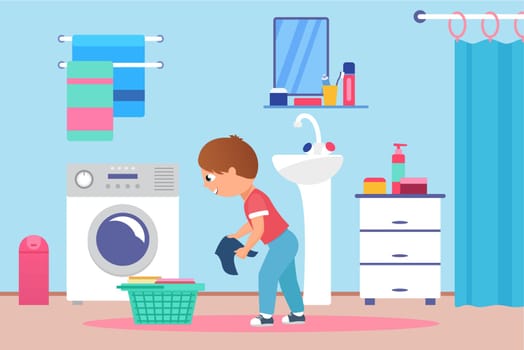 Children clean wash clothes on laundry day, happy boy kid holding dirty fabric cloth