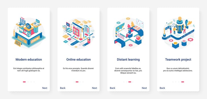 Modern online education, distance learning technology UX, UI mobile app page screen set