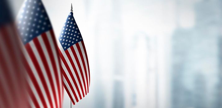 Small flags of United States on the background of a blurred background