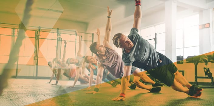 Side plank, fitness and group of people exercise, workout or training in gym class. Men and women team together for power challenge, commitment or strong muscle at club with overlay, banner and space