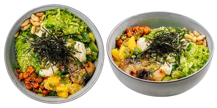 Isolated portion of eel poke bowl with chickpeas