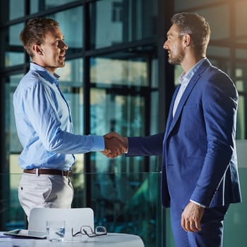 Business people, handshake and partnership or collaboration, onboarding or employment and hiring in office. Corporate, men and executive shaking hands for agreement or b2b, crm and recruitment