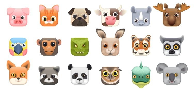 Cute forest and farm animal faces set, icons of square shape, funny heads of characters