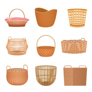 Wicker basket set, retro craft basketry collection with hampers for fruit and flowers