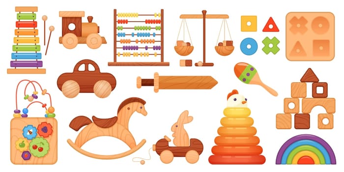 Wooden toys for kids set vector illustration. Cartoon isolated Montessori collection for toddlers with wood pyramid and cute vintage rocking horse, puzzles and car, blocks for building castle, sword