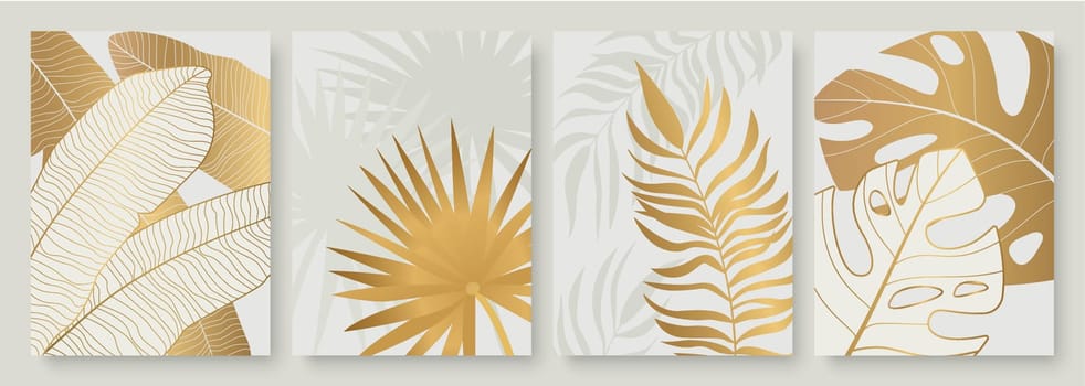 Tropical golden leaves vector illustration set. Exotic luxury abstract gold palm tree leaf, minimal foliage of tropic summer island, vertical floral modern template background for social media stories