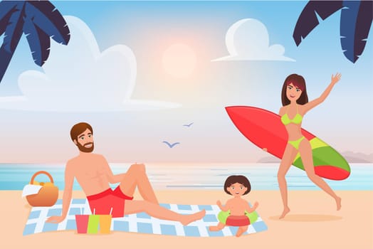 Happy family spend fun time on tropical beach, summer tourism vector illustration. Cartoon young tourist surfer mother in bikini walking with surfboard to surf, father and baby sunbathe background