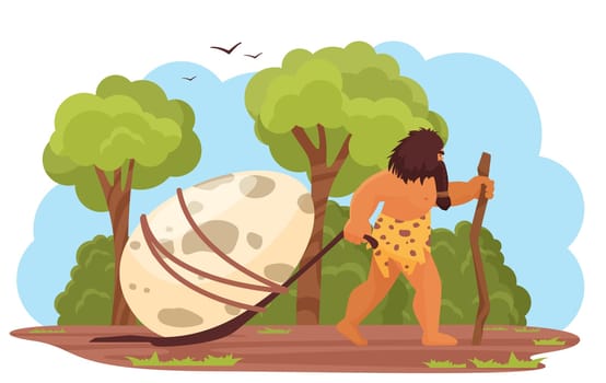 Primitive man with prehistoric dinosaur egg, stone age hungry hunter caveman hunting