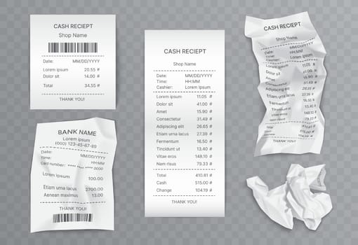 Cash receipt, paper bill set, 3d realistic payment check from cashier machine for order