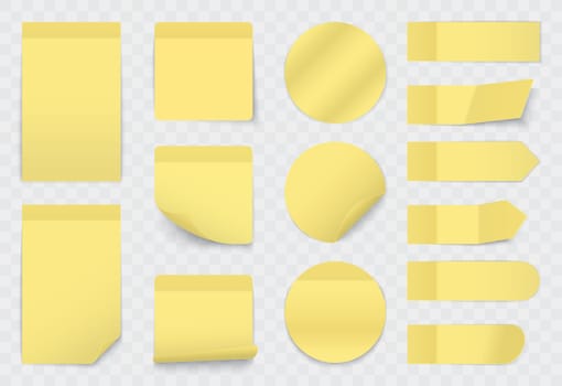 Yellow paper sticky notes, stickers set, 3d realistic reminder labels of different shapes