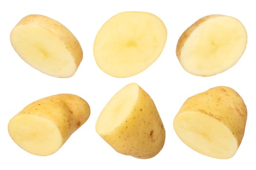 Raw vegetables. Potato with peel and leftover ground isolated on white background. The concept of obesity from potatoes. To be inserted into a design or project.