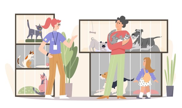 Family adopting cat flat vector illustration. Father, happy girl kid and pet shop worker volunteer cartoon characters. People in animal shelter, parents buying pet for kids vector illustration.
