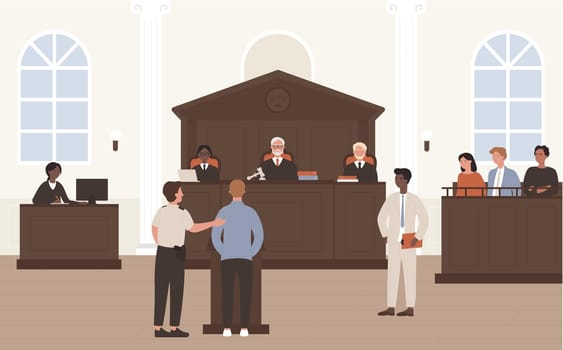 People in Court vector illustration, cartoon flat advocate barrister and accused character standing in front of judge and jury on legal defence process