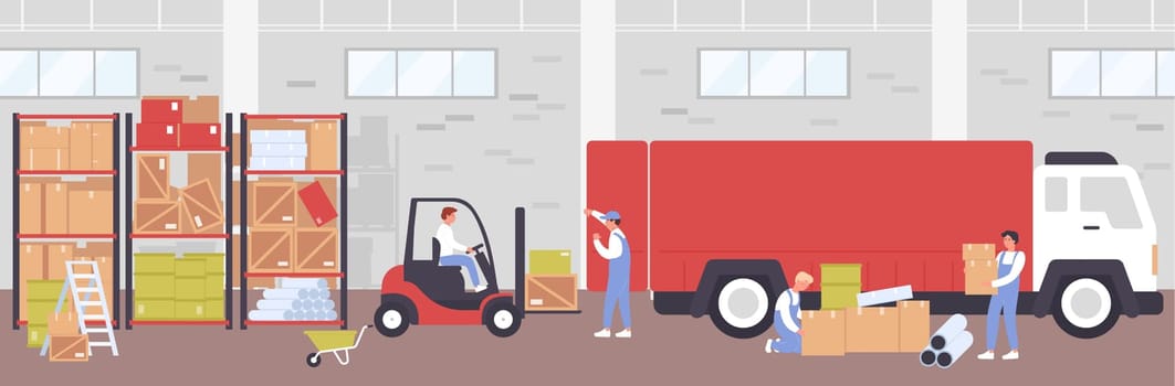 Warehouse delivery process vector illustration, cartoon flat worker people using loader forklift for loading boxes to delivering truck background