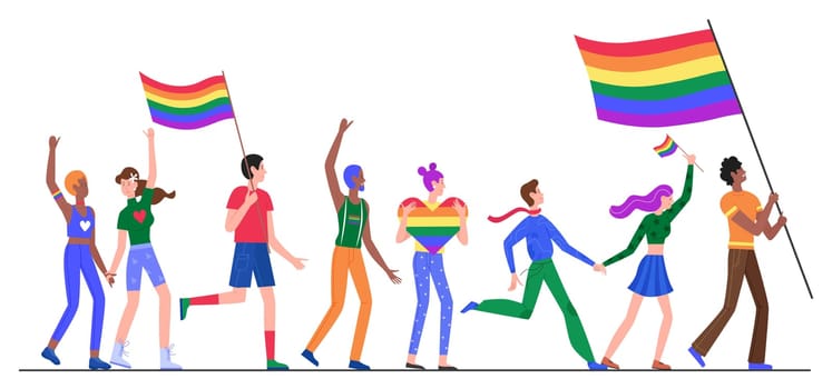 People on LGBT pride parade vector illustration, cartoon flat lesbian gay bisexual transgender queer LGBT parade isolated on white
