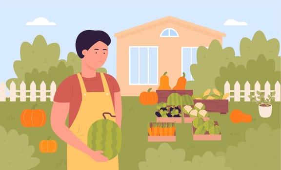 Farmer with harvest vector illustration. Cartoon man gardener character holding watermelon in hands, harvesting and standing next to boxes full of vegetables in farm house village scenery background