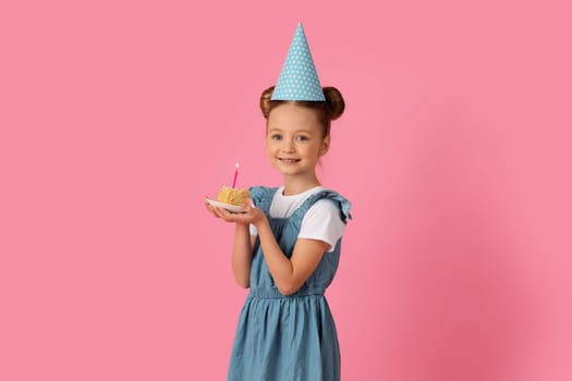 Happy Cute Little Girl Having Birthday Party, Holding Cake With Candle