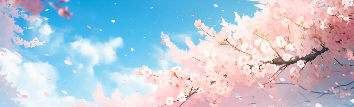 Pink cherry blossoms on a branches and blue sky with clouds. Delicate shot of almond blossom or sakura close up on sky background. Long banner with Spring flowers of cherries tree.