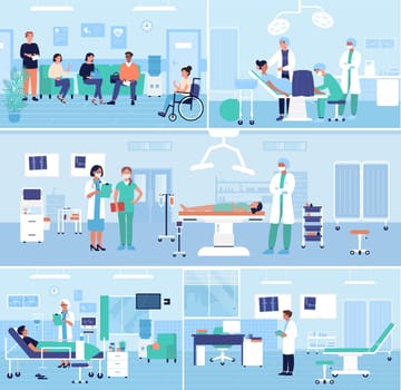 Hospital healthcare medical office interior vector illustration set. Cartoon people outpatients waiting doctor exam in reception, hospitalized patients lying in surgical ward bed or surgery operating