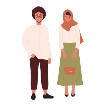 Muslim modern young couple people, arab young man and woman standing together, wearing modern clothes