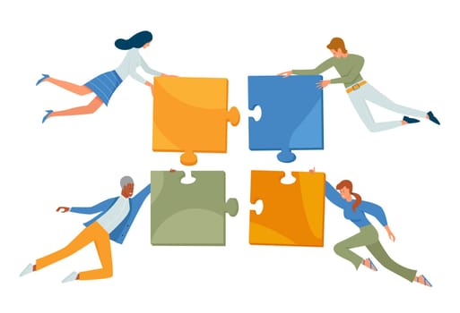 Business people connect puzzle concept, team characters flying, holding jigsaw pieces