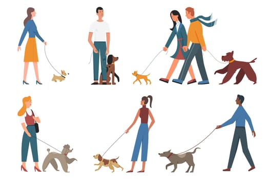 People walk pet dogs of different breeds vector illustration set. Cartoon young man woman owner characters and puppy pets collection, persons walking cute doggy domestic animals isolated on white