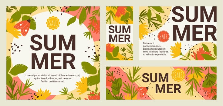 Summer discount sale set, banners with summer word, flowers, butterfly on green leaves
