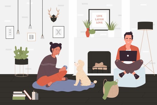 Couple people spend time with pet by home fireplace, happy man woman playing with dog