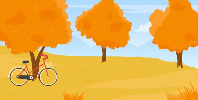 Autumn countryside landscape of forest park or garden, fall village nature vector illustration. Cartoon bicycle for healthy lifestyle and autumn orange trees, bike outdoor travel adventure background