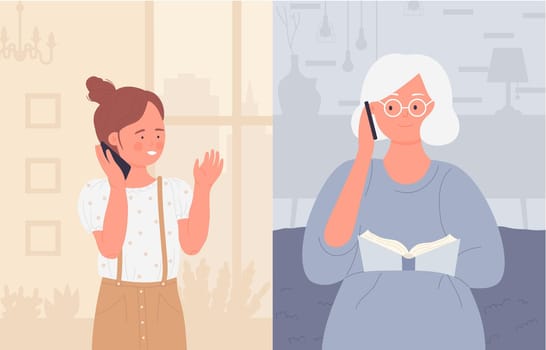 Family call, grandmother talking to grandchild on phone, grandparent sitting at home