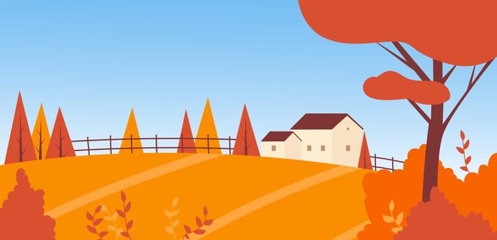 Autumn farm field, house with barn, garden and fence in village countryside landscape vector illustration. Cartoon orange red trees on agriculture land, farmhouse cottage in autumn season background