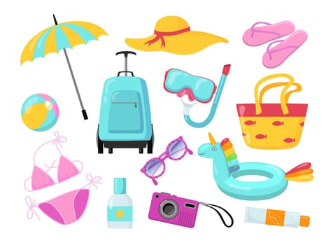 Summer holiday accessories and equipment flat pictures set