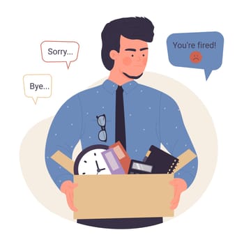 Unemployed dismissed office worker holding box with things, sad employee with text bubble