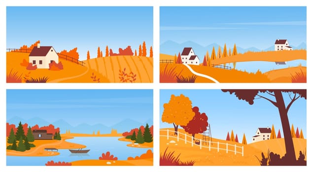 Village autumn landscape with houses on countryside farm field, rural skyline vector illustration set. Cartoon beautiful calm fall panorama scene with mountains, orange trees on grass land background