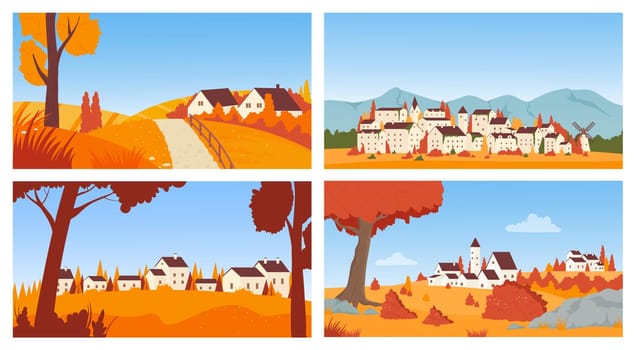 Houses cottages in autumn town or village landscape, cute Scandinavian neighbourhood set