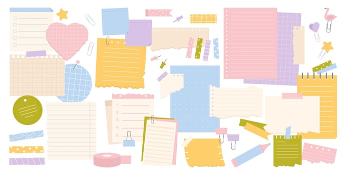 Note paper sheets set, torn notepaper, empty notepad or notebook pages, paperclip